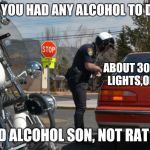 Police Pull Over | HAVE YOU HAD ANY ALCOHOL TO DRINK; ABOUT 30 COORS LIGHTS,OFFICER. I SAID ALCOHOL SON, NOT RAT PISS | image tagged in police pull over | made w/ Imgflip meme maker