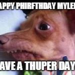 lisp dog | HAPPY PHIRFTHDAY MYLENE; HAVE A THUPER DAY!! | image tagged in lisp dog | made w/ Imgflip meme maker