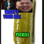 What's your dill? | WHAT'S YOUR DILL; PICKILE | image tagged in pickle,trump,kim,wtf,memes,funny | made w/ Imgflip meme maker