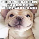 An early Puppy Week submission. Puppy Week - a Lordcakethief Event, June 11th -17th! | WHEN YOU WAKE UP AND REALIZE IT'S SUNDAY MORNING AND YOU DON'T HAVE TO GO TO WORK | image tagged in smiling puppy,puppy,puppy week,jbmemegeek,cute puppies | made w/ Imgflip meme maker