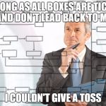 manager | AS LONG AS ALL BOXES ARE TICKED AND DON'T LEAD BACK TO ME; I COULDN'T GIVE A TOSS | image tagged in manager | made w/ Imgflip meme maker