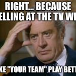 Annoyed | RIGHT... BECAUSE YELLING AT THE TV WILL; MAKE "YOUR TEAM" PLAY BETTER. | image tagged in annoyed | made w/ Imgflip meme maker