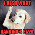 DogQuestions | I ALSO WANT; DANDINO'S PIZZA | image tagged in dogquestions | made w/ Imgflip meme maker