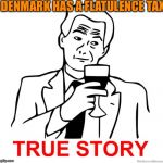True Story | DENMARK HAS A FLATULENCE TAX | image tagged in true story | made w/ Imgflip meme maker