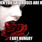Vampire Rose | WHEN YOU SAID ROSES ARE RED, I GOT HUNGRY | image tagged in vampire rose | made w/ Imgflip meme maker