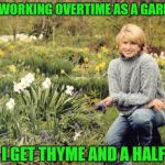 You Haven't Botany Flowers Yet? | I LOVE WORKING OVERTIME AS A GARDENER; I GET THYME AND A HALF | image tagged in gangster gardener | made w/ Imgflip meme maker