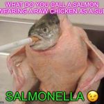 THERE WILL BE A PART 2 GUYS(salmonella jokes 2k 17) | WHAT DO YOU CALL A SALMON WEARING A RAW CHICKEN AS A SUIT; SALMONELLA 😉 | image tagged in bad ass fish,funny memes | made w/ Imgflip meme maker