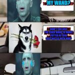 The Voldermort Driving | HAVE YOU SEEN MY WAND? DIDN'T YOU LOSE THE ELDER WAND TO HARRY POTTER IN YOUR LAST BATTLE WITH HIM? YES. (SOB) I AM SUCH A LOSER! | image tagged in voldemort driving,grumpy dog | made w/ Imgflip meme maker