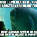 Overlord Manatee | YOU MIGHT HAVE BEATEN ME NOW,BUT I WILL DESTROY YOU IN THE FUTURE; DO NOT WORRY SAMURAI, YOU WILL SEE ME AGAIN, BUT NEXT TIME YOU WILL NOT BE SO FORTUNATE | image tagged in overlord manatee | made w/ Imgflip meme maker