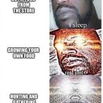 Shaq sleep | BUYIN FOOD FROM THE STORE; GROWING YOUR OWN FOOD; HUNTING AND GATHERING | image tagged in shaq sleep | made w/ Imgflip meme maker