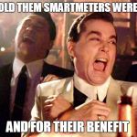 laughing guys | WE TOLD THEM SMARTMETERS WERE SAFE; AND FOR THEIR BENEFIT | image tagged in laughing guys | made w/ Imgflip meme maker