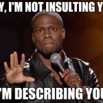kevin hart | HEY, I'M NOT INSULTING YOU; I'M DESCRIBING YOU | image tagged in kevin hart | made w/ Imgflip meme maker