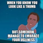 Princess Nicolas Cage | WHEN YOU KNOW YOU LOOK LIKE A THUMB; BUT SOMEHOW MANAGE TO EMBRACE YOUR UGLINESS | image tagged in princess nicolas cage | made w/ Imgflip meme maker