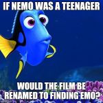 Makes you wonder... | IF NEMO WAS A TEENAGER; WOULD THE FILM BE RENAMED TO FINDING EMO? | image tagged in finding nemo,emo | made w/ Imgflip meme maker