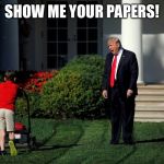 Start 'em while they're young | SHOW ME YOUR PAPERS! | image tagged in trump and lawnmower,donald trump,trump | made w/ Imgflip meme maker