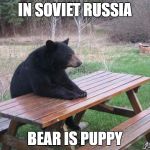 Bear Waiting | IN SOVIET RUSSIA; BEAR IS PUPPY | image tagged in bear waiting | made w/ Imgflip meme maker