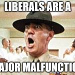 Full Metal Jacket USMC Drill Sergeant R Lee Ermey Cropped | LIBERALS ARE A; MAJOR MALFUNCTION | image tagged in full metal jacket usmc drill sergeant r lee ermey cropped | made w/ Imgflip meme maker