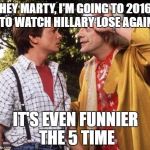 Who's coming with me? | HEY MARTY, I'M GOING TO 2016 TO WATCH HILLARY LOSE AGAIN; IT'S EVEN FUNNIER THE 5 TIME | image tagged in doc brown marty mcfly,hillary clinton 2016 | made w/ Imgflip meme maker