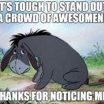eeyore | IT'S TOUGH TO STAND OUT IN A CROWD OF AWESOMENESS; THANKS FOR NOTICING ME. | image tagged in eeyore | made w/ Imgflip meme maker