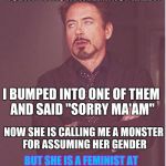 i can not believe some people these days | TODAY I WAS AT A FEMINIST RALLY. I BUMPED INTO ONE OF THEM AND SAID "SORRY MA'AM"; NOW SHE IS CALLING ME A MONSTER FOR ASSUMING HER GENDER; BUT SHE IS A FEMINIST AT A  FREAKING WOMAN'S PROTEST! | image tagged in that face you make,memes,dank memes,deth_by_dodo,funny | made w/ Imgflip meme maker