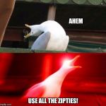 Inhaling Seagull  | AHEM; USE ALL THE ZIPTIES! | image tagged in inhaling seagull | made w/ Imgflip meme maker