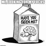 brain missing | ME, LOOKING FOR MY FOCUS | image tagged in brain missing | made w/ Imgflip meme maker