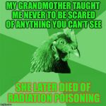 Anti-Joke RayChick | MY GRANDMOTHER TAUGHT ME NEVER TO BE SCARED OF ANYTHING YOU CAN'T SEE; SHE LATER DIED OF RADIATION POISONING | image tagged in anti-joke raychick,memes | made w/ Imgflip meme maker