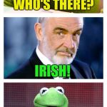 Knock Knock | KNOCK KNOCK! WHO'S THERE? IRISH! IRISH WHO? IRISH YOU WILL UPVOTE THISH! | image tagged in sean and kermit,memes,knock knock,sean connery  kermit | made w/ Imgflip meme maker