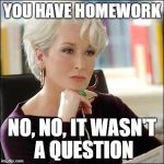Miranda priestly | YOU HAVE HOMEWORK; NO, NO, IT WASN'T A QUESTION | image tagged in miranda priestly | made w/ Imgflip meme maker