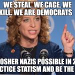 Debbie Wasserman Schultz | WE STEAL. WE CAGE. WE KILL. WE ARE DEMOCRATS; IS A KOSHER NAZIS POSSIBLE IN 2017?
 PRACTICE STATISM AND BE THE EVIL | image tagged in debbie wasserman schultz | made w/ Imgflip meme maker