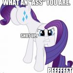 I am not sorry for that pun. | WHAT AN "ASS" YOU ARE. SHUT UP. PFFFFFFT | image tagged in wtf rarity | made w/ Imgflip meme maker