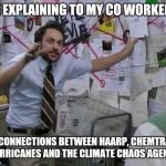 Making work fun again | ME EXPLAINING TO MY CO WORKERS; THE CONNECTIONS BETWEEN HAARP, CHEMTRAILS, HURRICANES AND THE CLIMATE CHAOS AGENDA | image tagged in conspiracy wall,work,have fun | made w/ Imgflip meme maker