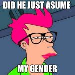 Feminist Fry | DID HE JUST ASUME; MY GENDER | image tagged in feminist fry | made w/ Imgflip meme maker