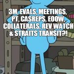 Mr.MeeseeksTerminator | 3M, EVALS, MEETINGS, PT, CASREPS, EOOW, COLLATERALS, REV WATCH & STRAITS TRANSIT?! CAN DO!! | image tagged in mrmeeseeksterminator | made w/ Imgflip meme maker