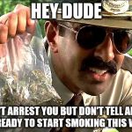 weedy cop | HEY DUDE; I WON'T ARREST YOU BUT DON'T TELL ANYONE, OK? READY TO START SMOKING THIS WEED? | image tagged in weedy cop | made w/ Imgflip meme maker
