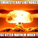 this may get me blackmailed by Buzzfeed, but... | FEMINISTS ARE LIKE NUKES; BOTH CAUSE UTTER MAYHEM WHEN TRIGGERED | image tagged in memes,funny,feminism | made w/ Imgflip meme maker