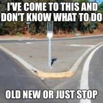 Fork in the road | I'VE COME TO THIS AND DON'T KNOW WHAT TO DO; OLD NEW OR JUST STOP | image tagged in fork in the road | made w/ Imgflip meme maker