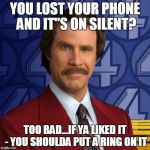 ron burgundy | YOU LOST YOUR PHONE AND IT"S ON SILENT? TOO BAD...IF YA LIKED IT - YOU SHOULDA PUT A RING ON IT | image tagged in ron burgundy | made w/ Imgflip meme maker