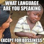 Third World Skeptical Kid Meme | WHAT LANGUAGE ARE YOU SPEAKING EXCEPT FOR BOSSINESS | image tagged in memes,third world skeptical kid | made w/ Imgflip meme maker