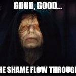 emperor_palpatine | GOOD, GOOD... LET THE SHAME FLOW THROUGH YOU | image tagged in emperor_palpatine | made w/ Imgflip meme maker