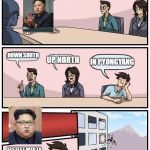 Kim Young-One Politbureau Suggestion | WHERE SHOULD WE HAVE OUR NEXT NUCLEAR TEST? UP NORTH DOWN SOUTH IN PYONGYANG FASTEST WAY TO SOLVE NORTH KOREA'S PROBLEMS, BRUH | image tagged in memes,boardroom meeting suggestion,north korea,kim jong un | made w/ Imgflip meme maker