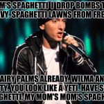 Eminem | MY MOM'S SPAGHETTI  I  DROP BOMBS THEY'RE HEAVY. SPAGHETTI LAWNS FROM FREDDY; HAIRY PALMS ALREADY. WILMA AND BETTY. YOU LOOK LIKE A YETI. HAVE SOME SPAGHETTI. MY MOM'S MOM'S SPAGHETTI | image tagged in eminem | made w/ Imgflip meme maker