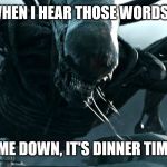 Hungry Xenomorph Gourmet | WHEN I HEAR THOSE WORDS... "COME DOWN, IT'S DINNER TIME!!!" | image tagged in hungry xenomorph gourmet | made w/ Imgflip meme maker