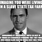 Rod Serling | IMAGINE YOU WERE LIVING IN A SLAVE STATE TAX FARM; SURROUNDED BY SUBSERVIENT DUPES SO DEEP IN THE THROES OF STOCKHOLM SYNDROME THAT THEY FOUGHT OVER WHICH SLAVE MASTER WOULD BEST RULE THEM | image tagged in rod serling | made w/ Imgflip meme maker