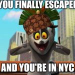 King Julien | WHEN YOU FINALLY ESCAPED MORT; AND YOU'RE IN NYC | image tagged in king julien,scumbag | made w/ Imgflip meme maker