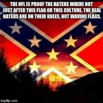 rebel flag | THE NFL IS PROOF THE HATERS WHERE NOT JUST AFTER THIS FLAG OR THIS CULTURE, THE REAL HATERS ARE ON THEIR KNEES, NOT WAVING FLAGS. | image tagged in rebel flag | made w/ Imgflip meme maker