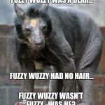 Fuzzy Wuzzy does exist!  | FUZZY WUZZY WAS A BEAR... FUZZY WUZZY HAD NO HAIR... FUZZY WUZZY WASN'T FUZZY...WAS HE? | image tagged in hairless bear,fuzzy wuzzy,jbmemegeek,funny animals,wierd,confession bear | made w/ Imgflip meme maker