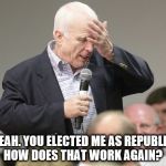 John McCain downloading | OH YEAH. YOU ELECTED ME AS REPUBLICAN, HOW DOES THAT WORK AGAIN? | image tagged in john mccain downloading | made w/ Imgflip meme maker