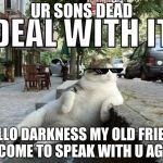 Deal with it cat | UR SONS DEAD HELLO DARKNESS MY OLD FRIEND IV COME TO SPEAK WITH U AGAIN | image tagged in deal with it cat | made w/ Imgflip meme maker