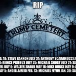 RIP Trump Administration  | RIP; AUG. 18: STEVE BANNON
JULY 31: ANTHONY SCARAMUCCI
JULY 28: REINCE PRIEBUS
JULY 25: MICHAEL SHORT
JULY 21: SEAN SPICER
JULY 6: WALTER SHAUB
MAY 18: MIKE DUBKE
MAY 9: JAMES COMEY
MAY 5: ANGELLA REID
FEB. 13: MICHAEL FLYNN
JAN. 30: SALLY YATES | image tagged in trump administration,rip | made w/ Imgflip meme maker
